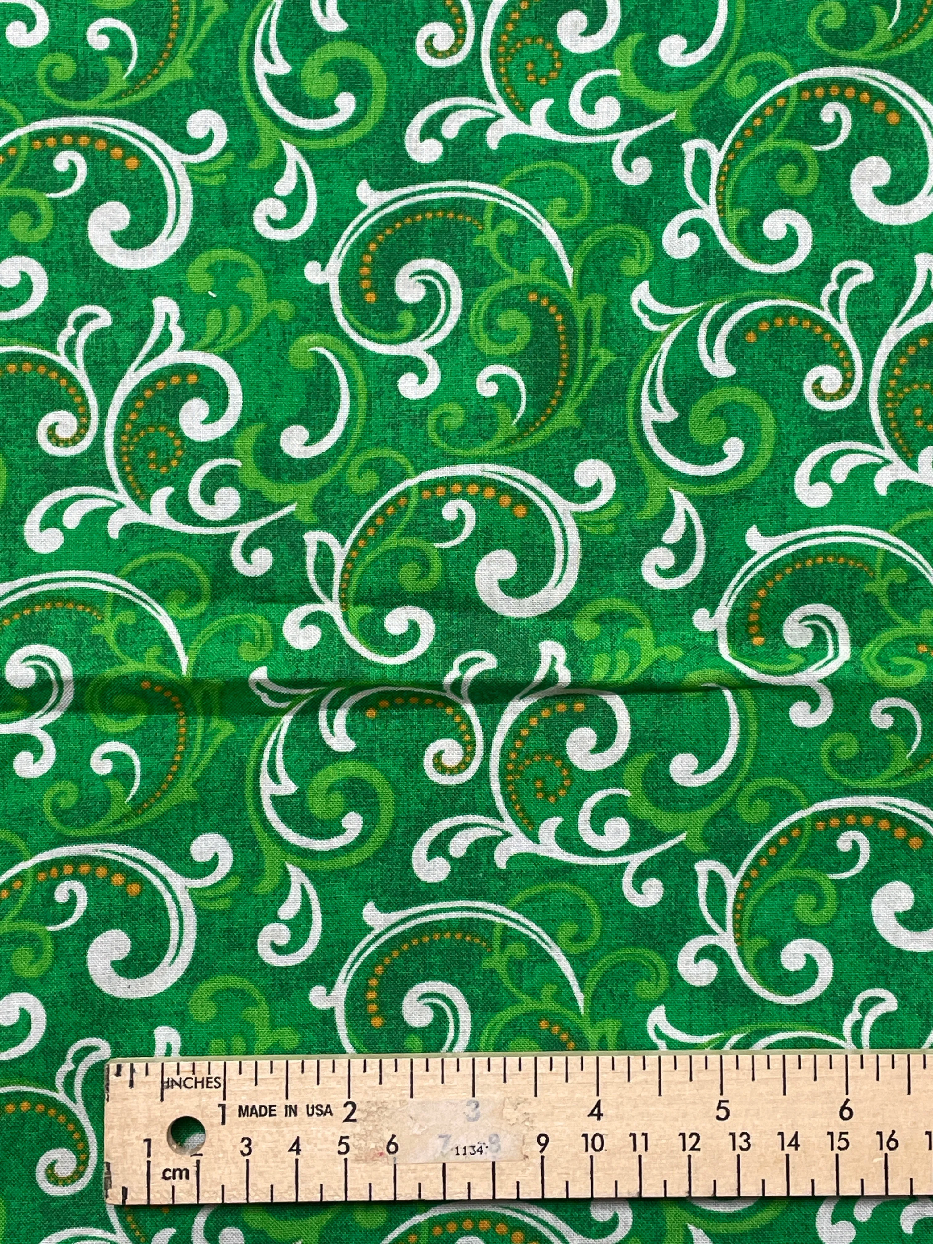 1 YD Quilting Cotton - Green with Green and White Filigree