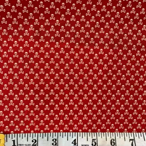 100% Cotton  - Mini Skull and Cross Bones - Red - Sold by Half Metre