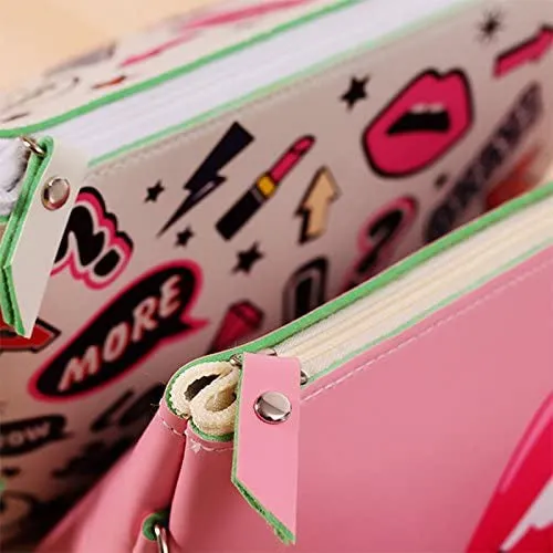(22x16x5cm) Cosmetic Make Up Bag Necessaire Organizer Bag with Motif Print - Black / Pink