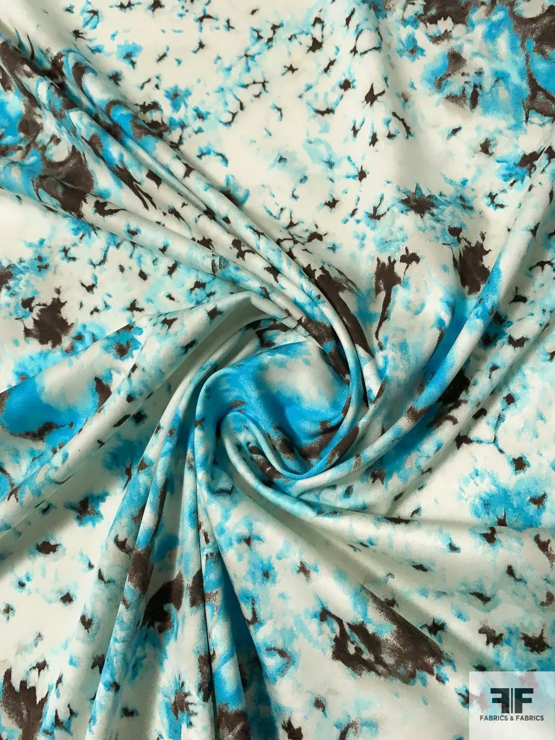Abstract Tie-Dye Printed Stretch Cotton Sateen - Turquoise / Brown / Off-White