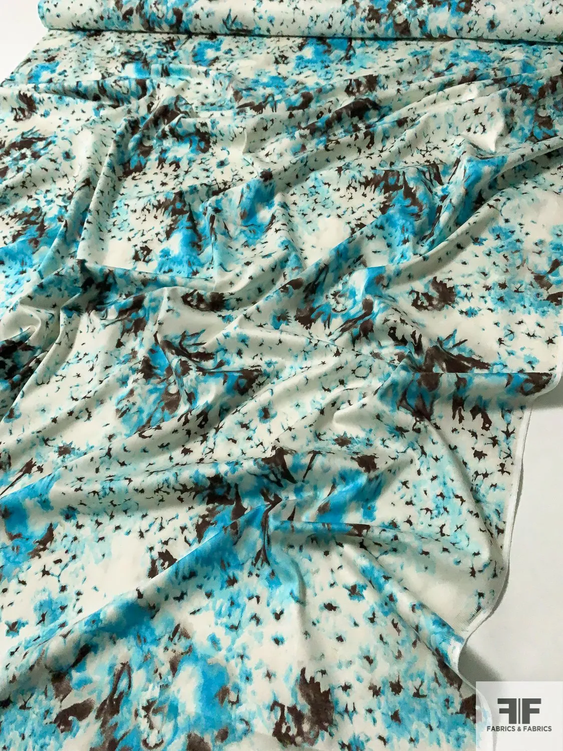 Abstract Tie-Dye Printed Stretch Cotton Sateen - Turquoise / Brown / Off-White