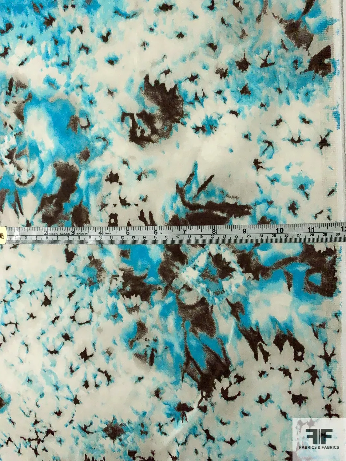 Abstract Tie-Dye Printed Stretch Cotton Sateen - Turquoise / Brown / Off-White