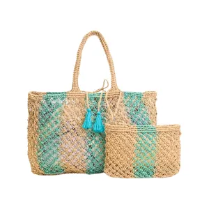 Aqua 3 Stripe Macreme Jute Tote Bag with Zip Clutch