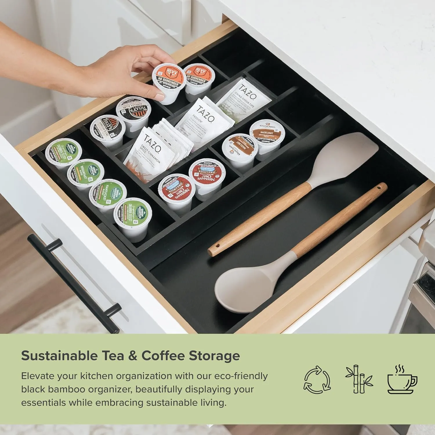 Bamboo Tea Bags & Coffee Pods Drawer Organizer Black Finish