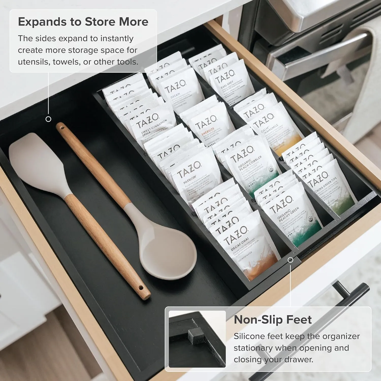 Bamboo Tea Bags & Coffee Pods Drawer Organizer Black Finish