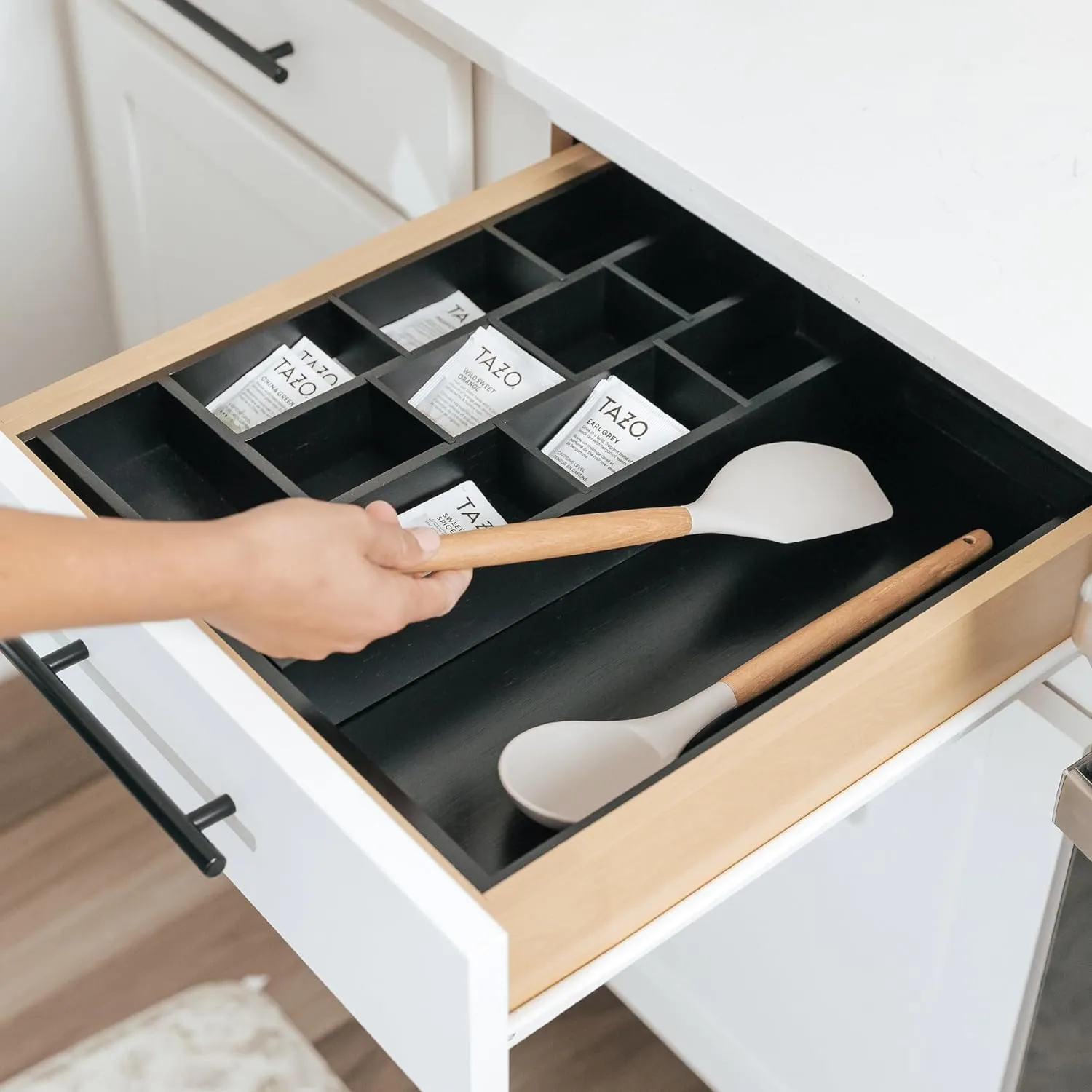 Bamboo Tea Bags & Coffee Pods Drawer Organizer Black Finish