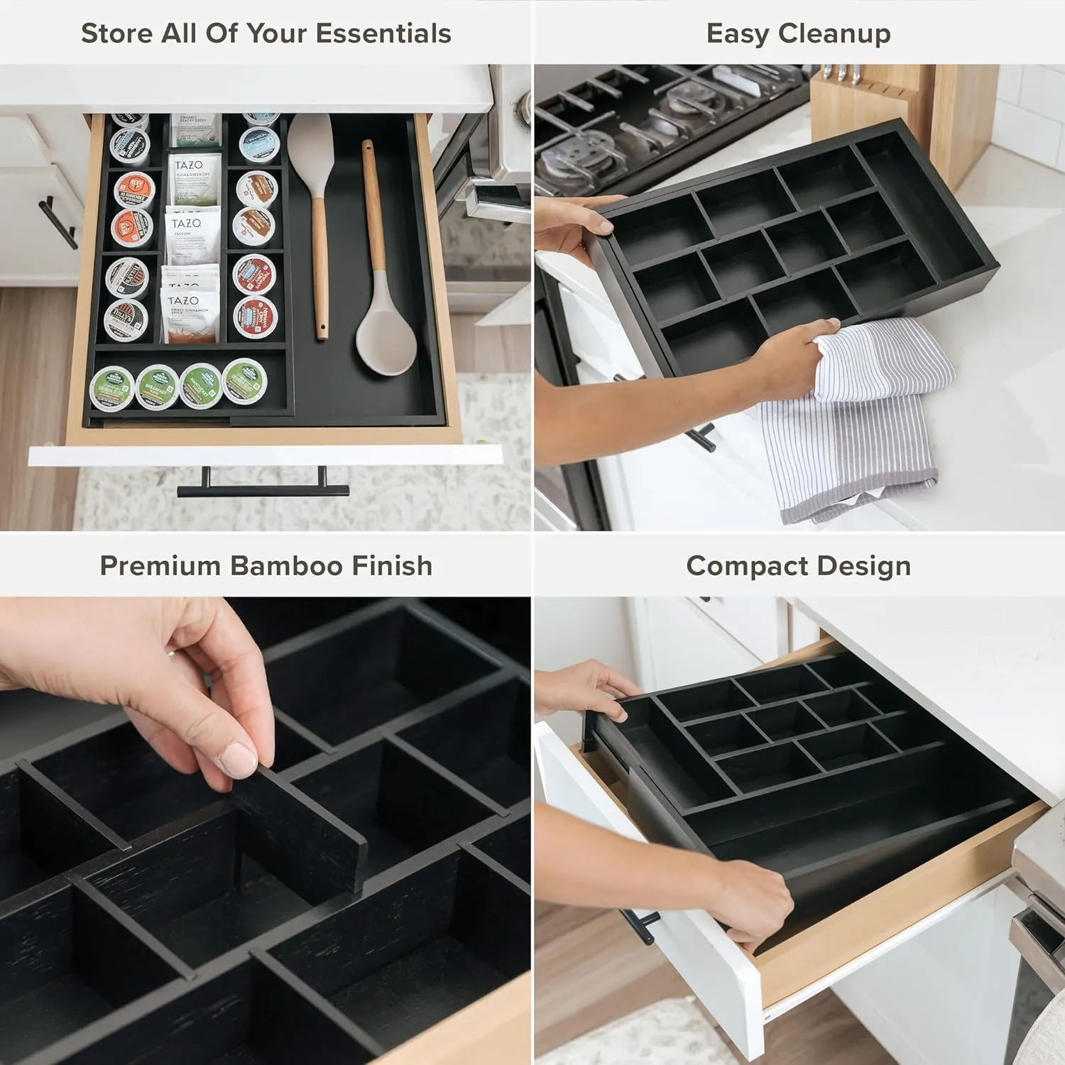Bamboo Tea Bags & Coffee Pods Drawer Organizer Black Finish