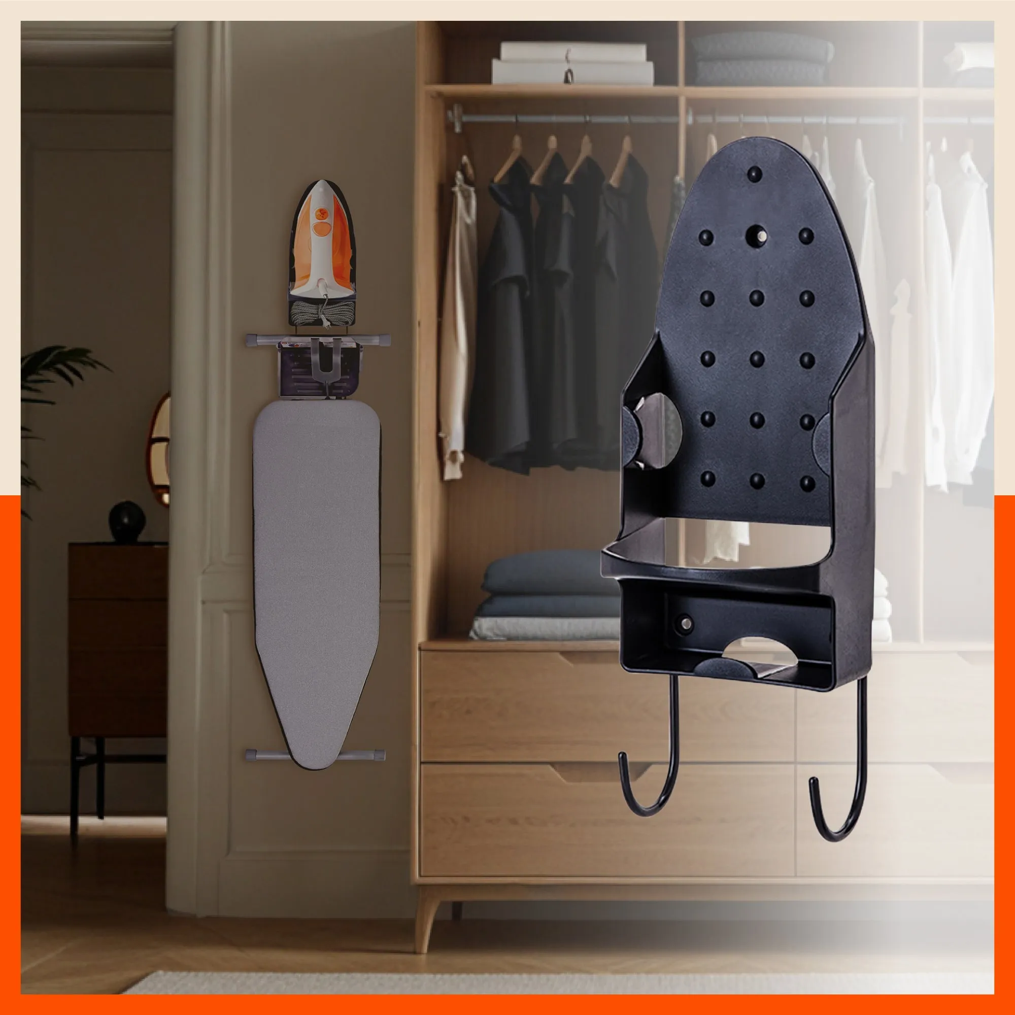 Bathla Heat Resistant Wall Mounted Iron Board Holder with Steel Hooks | Space Saving Design - Organised Cables | Black