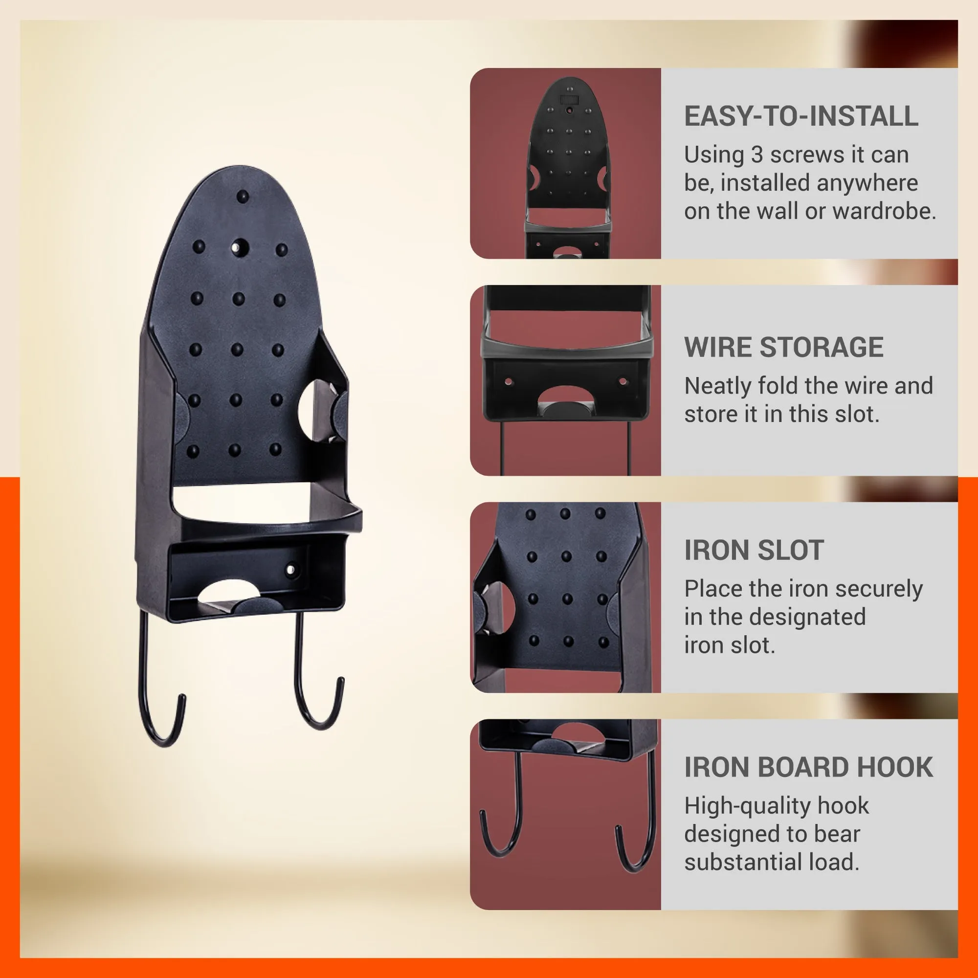 Bathla Heat Resistant Wall Mounted Iron Board Holder with Steel Hooks | Space Saving Design - Organised Cables | Black