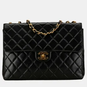 Black Lambskin Leather Jumbo Classic Single Flap Shoulder Bag
