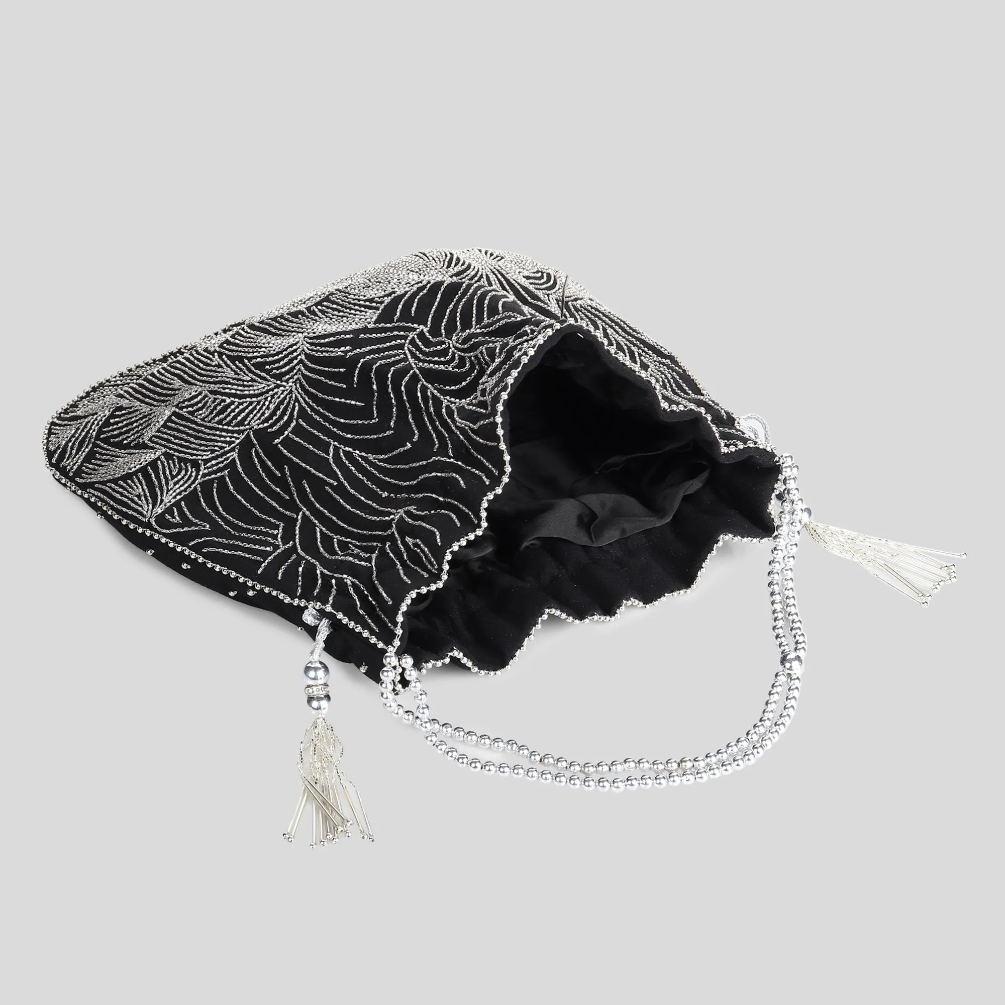 Black Potli Bag with exquisite silver waves embroidery