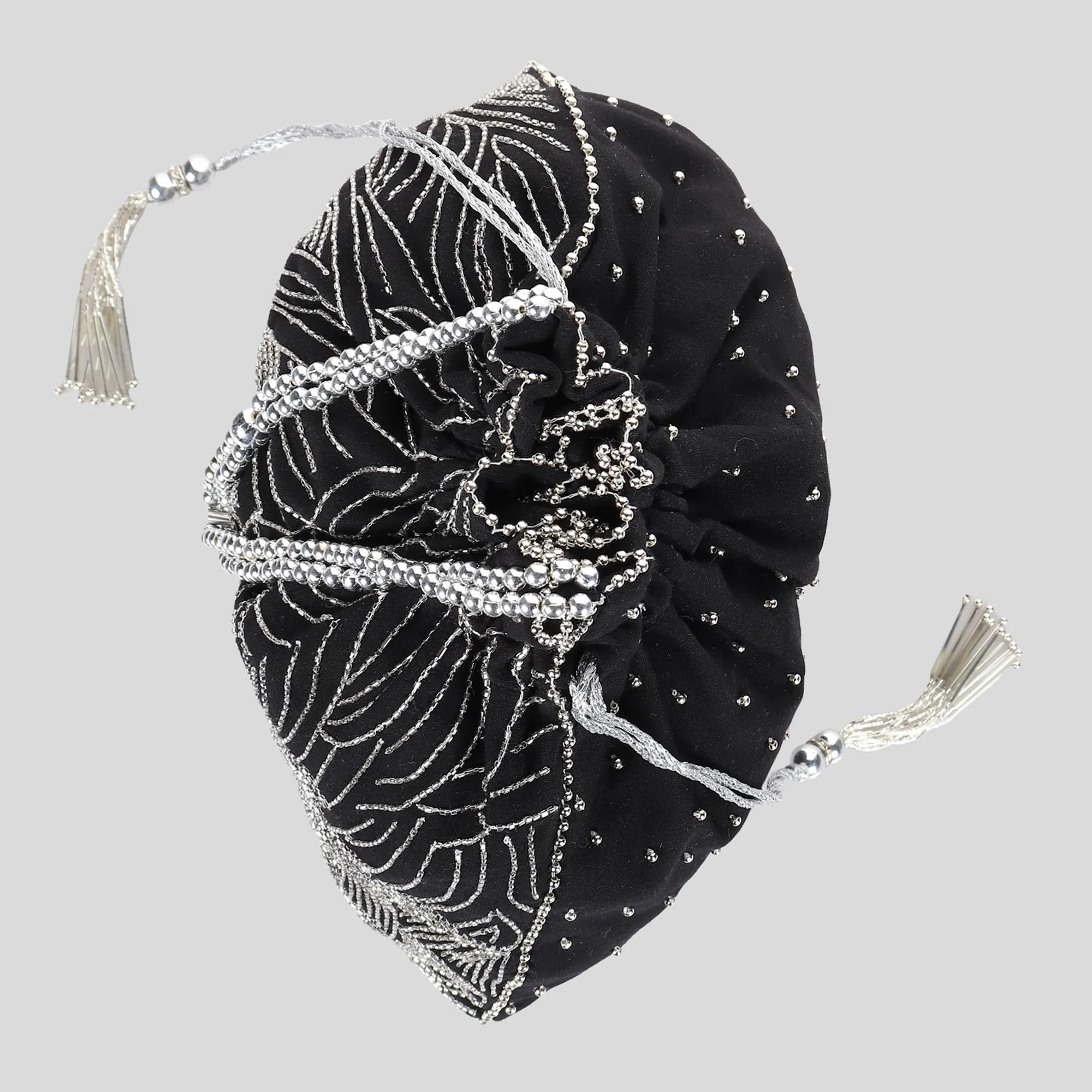 Black Potli Bag with exquisite silver waves embroidery