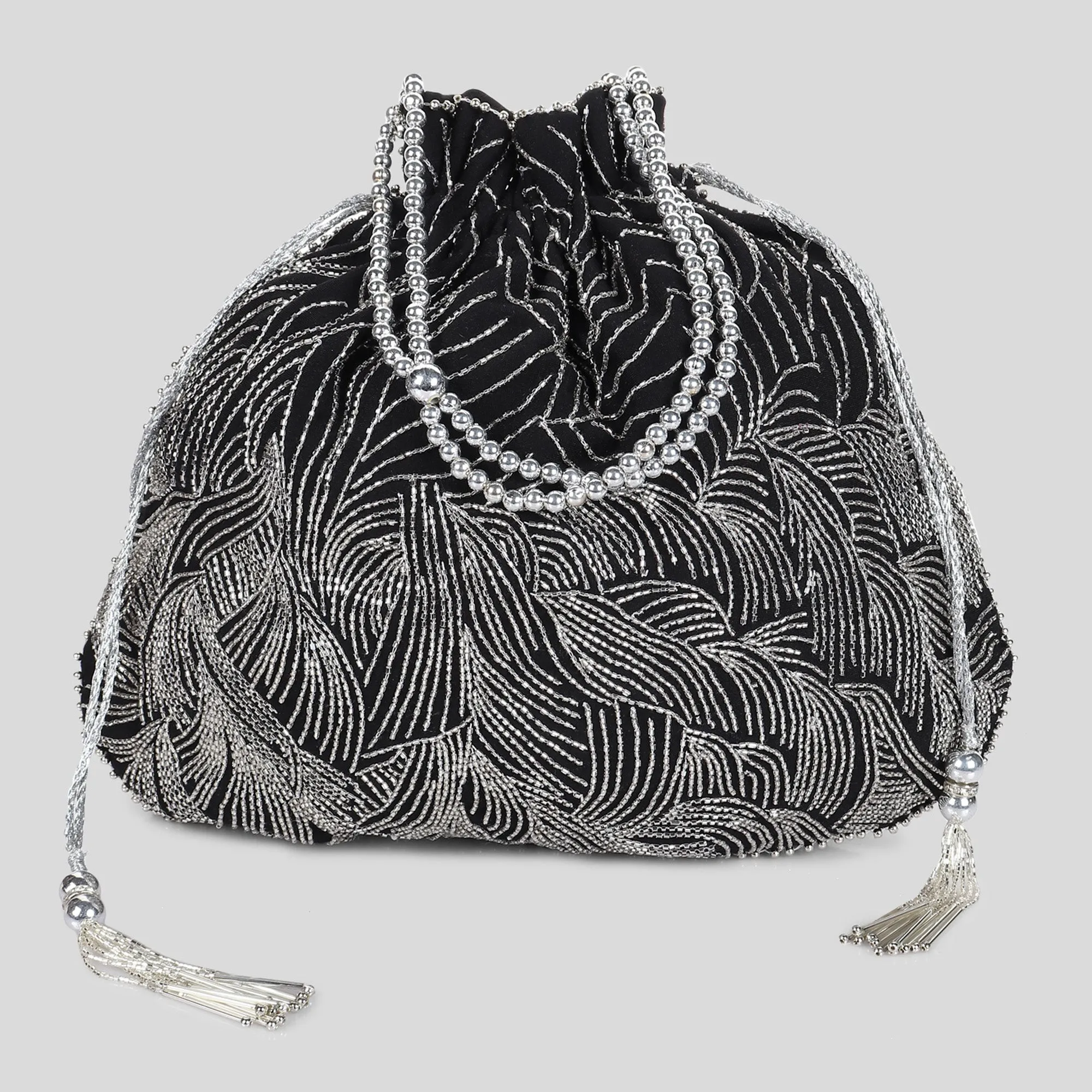 Black Potli Bag with exquisite silver waves embroidery