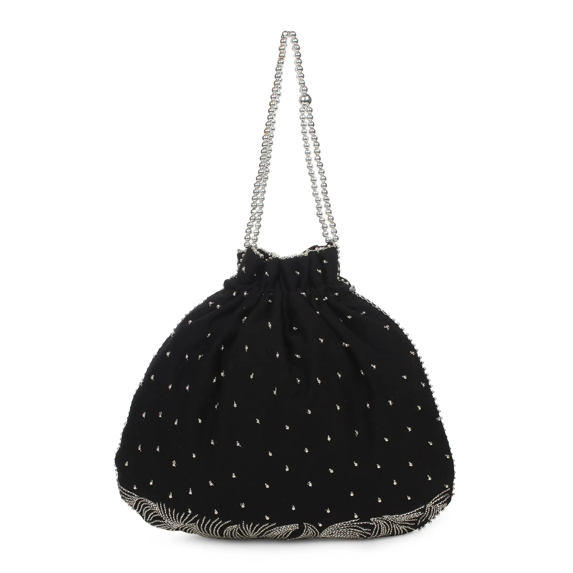 Black Potli Bag with exquisite silver waves embroidery