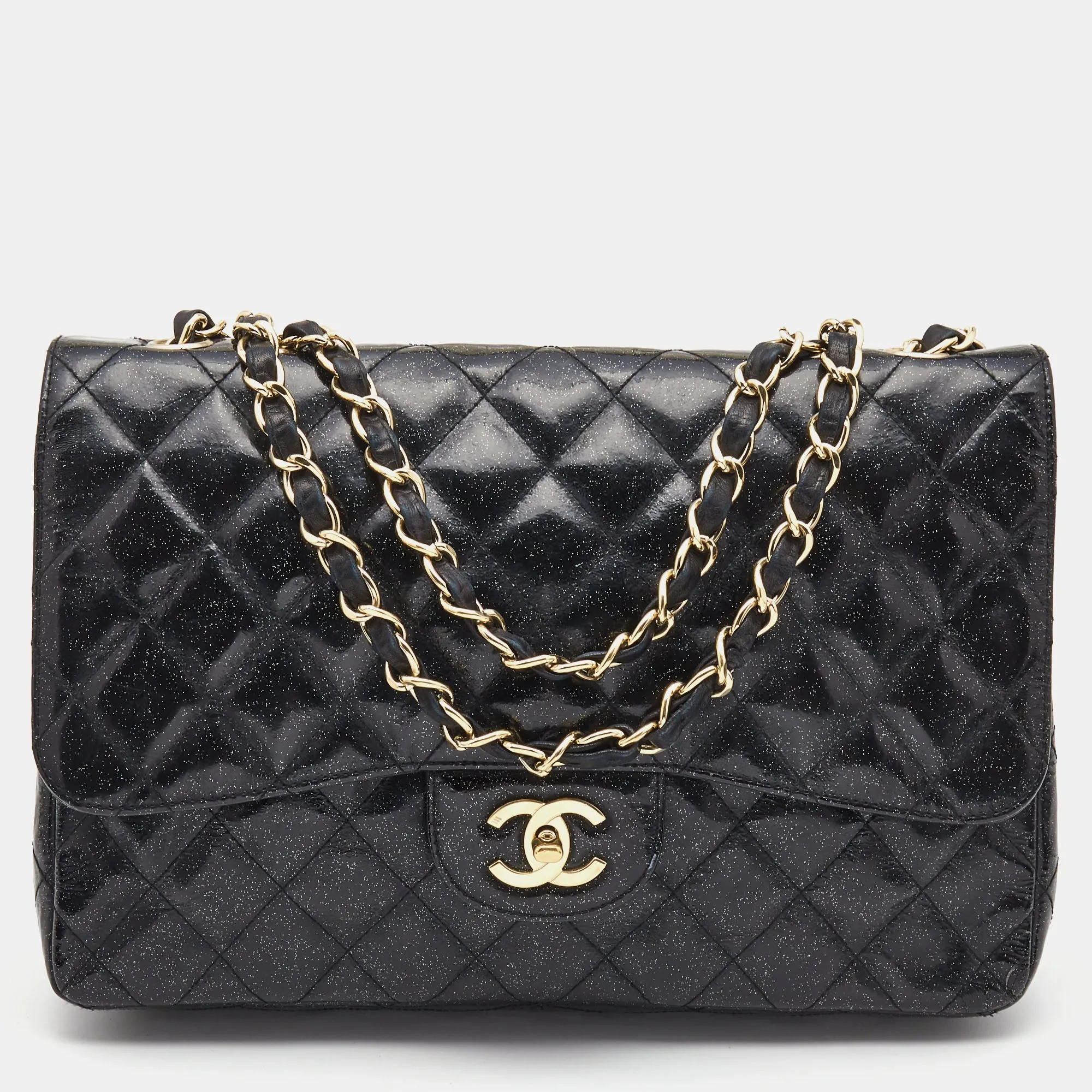 Black Quilted Glitter Patent Leather Jumbo Classic Single Flap Bag