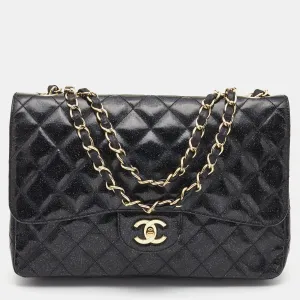 Black Quilted Glitter Patent Leather Jumbo Classic Single Flap Bag