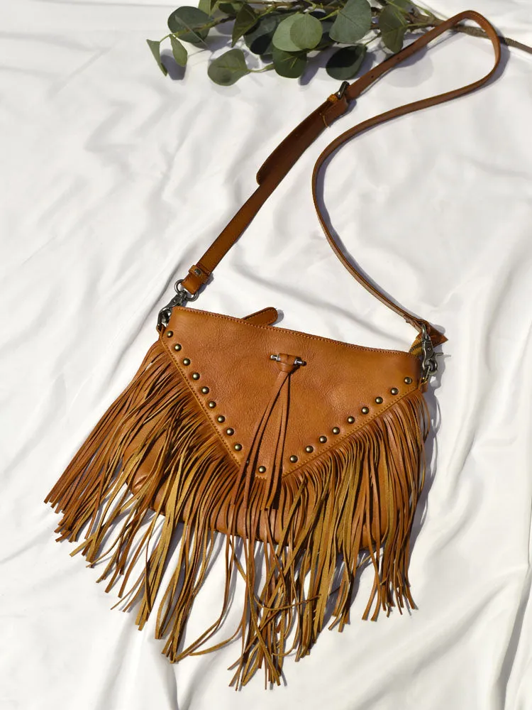 Boho Ladies Black Leather Fringe Purse Cross Shoulder Bag