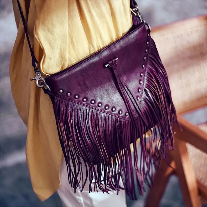 Boho Ladies Black Leather Fringe Purse Cross Shoulder Bag