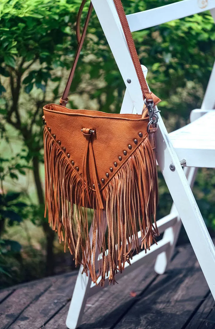 Boho Ladies Black Leather Fringe Purse Cross Shoulder Bag