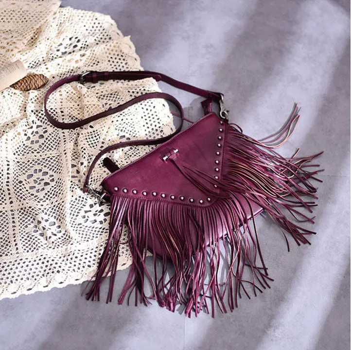 Boho Ladies Black Leather Fringe Purse Cross Shoulder Bag