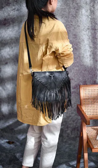 Boho Ladies Black Leather Fringe Purse Cross Shoulder Bag