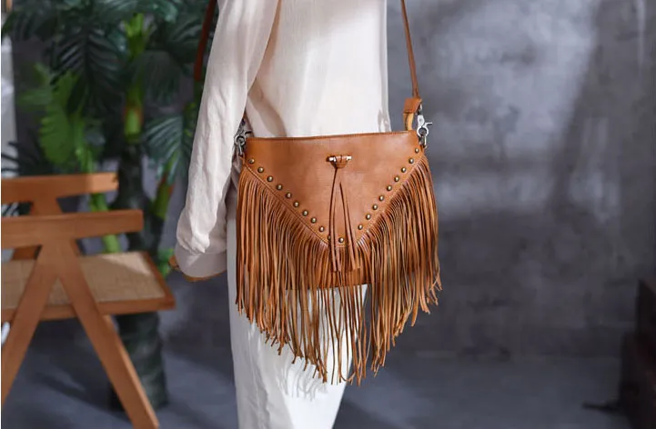 Boho Ladies Black Leather Fringe Purse Cross Shoulder Bag