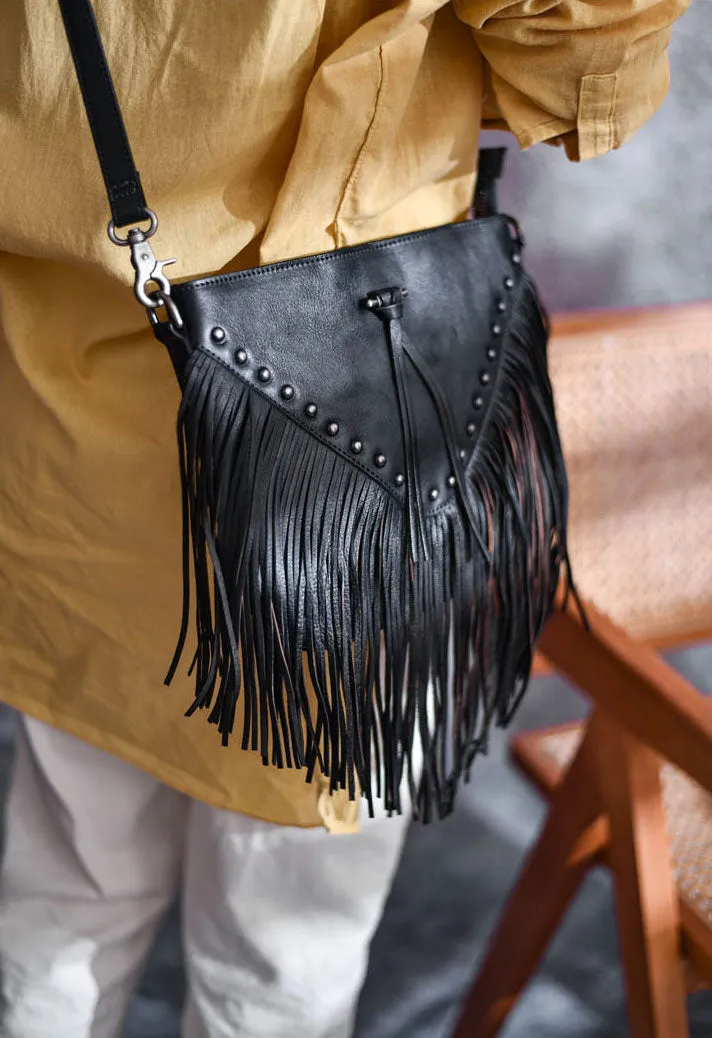 Boho Ladies Black Leather Fringe Purse Cross Shoulder Bag