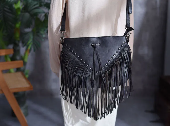 Boho Ladies Black Leather Fringe Purse Cross Shoulder Bag