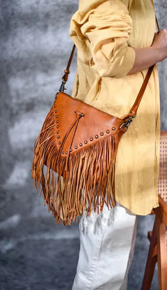 Boho Ladies Black Leather Fringe Purse Cross Shoulder Bag