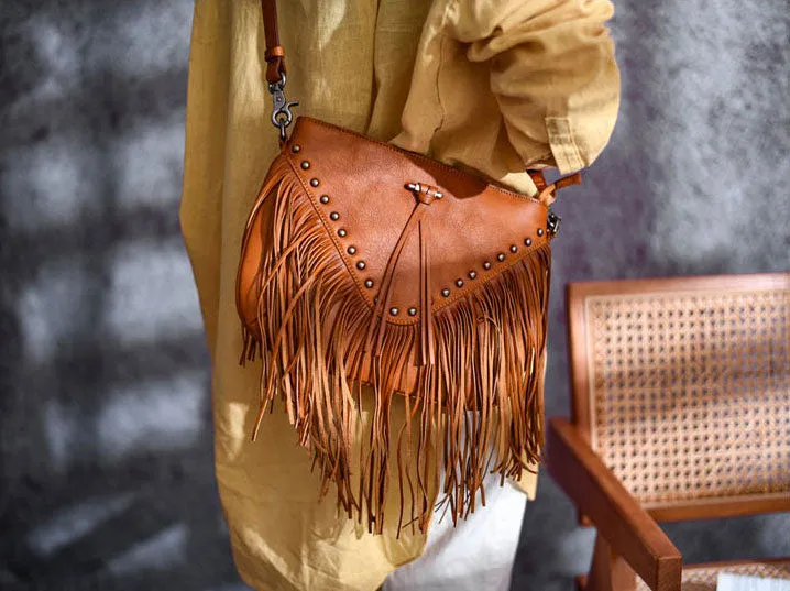 Boho Ladies Black Leather Fringe Purse Cross Shoulder Bag