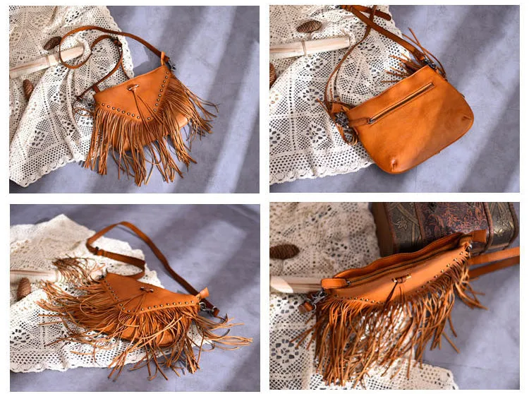 Boho Ladies Black Leather Fringe Purse Cross Shoulder Bag