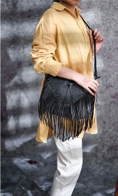 Boho Ladies Black Leather Fringe Purse Cross Shoulder Bag