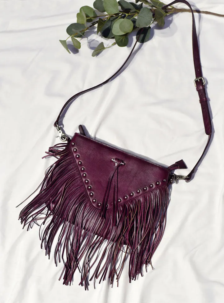 Boho Ladies Black Leather Fringe Purse Cross Shoulder Bag