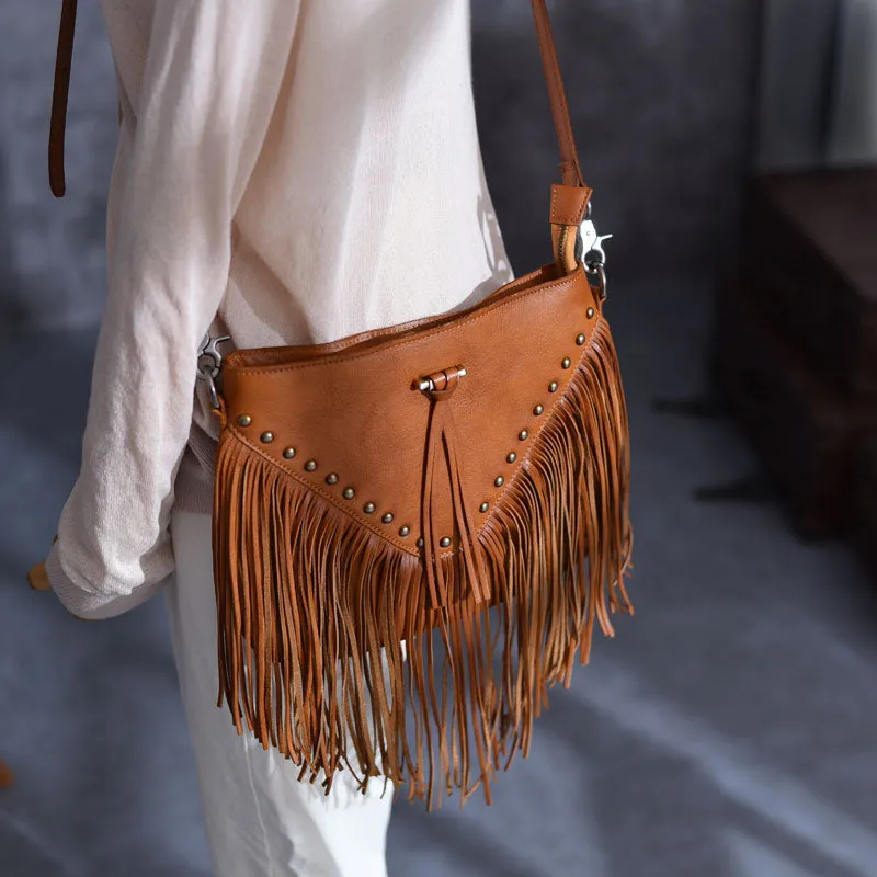 Boho Ladies Black Leather Fringe Purse Cross Shoulder Bag