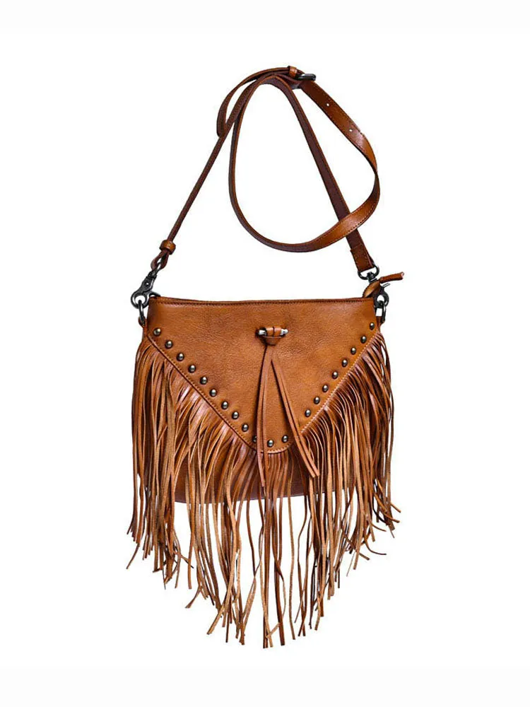 Boho Ladies Black Leather Fringe Purse Cross Shoulder Bag