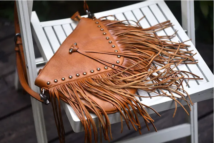 Boho Ladies Black Leather Fringe Purse Cross Shoulder Bag