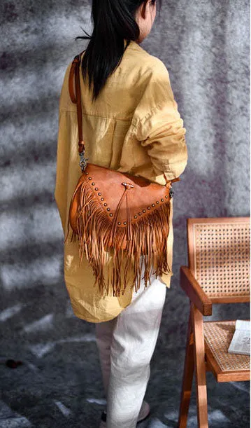 Boho Ladies Black Leather Fringe Purse Cross Shoulder Bag