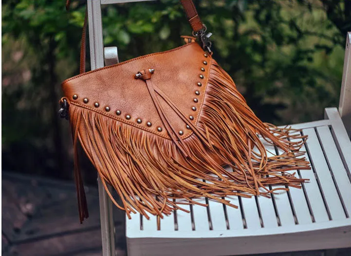 Boho Ladies Black Leather Fringe Purse Cross Shoulder Bag