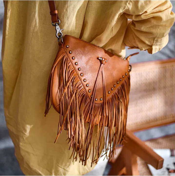 Boho Ladies Black Leather Fringe Purse Cross Shoulder Bag