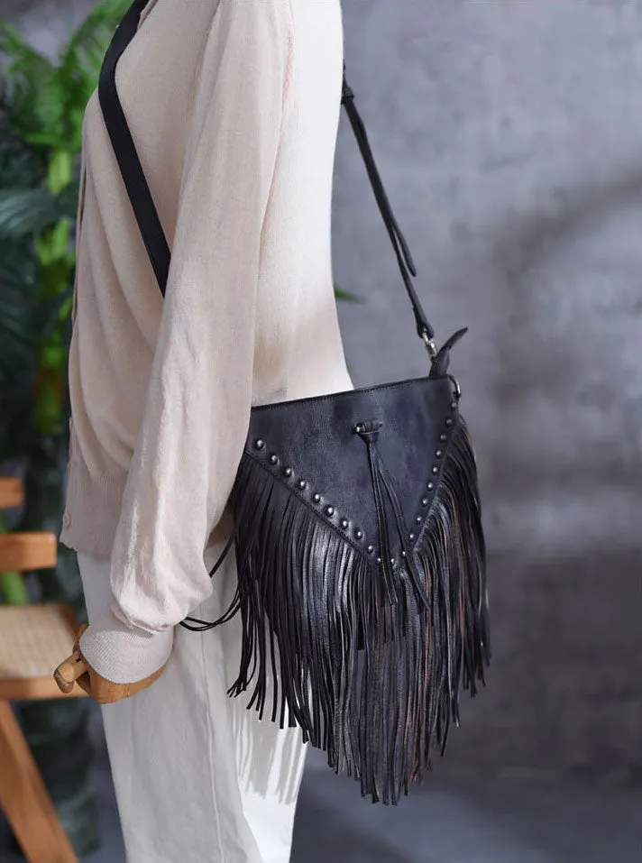 Boho Ladies Black Leather Fringe Purse Cross Shoulder Bag