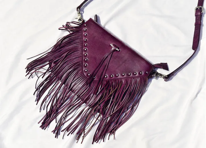 Boho Ladies Black Leather Fringe Purse Cross Shoulder Bag
