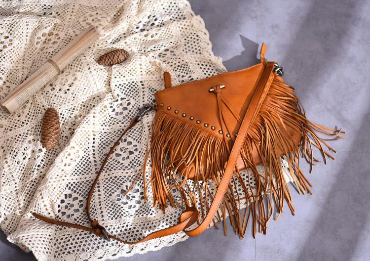 Boho Ladies Black Leather Fringe Purse Cross Shoulder Bag