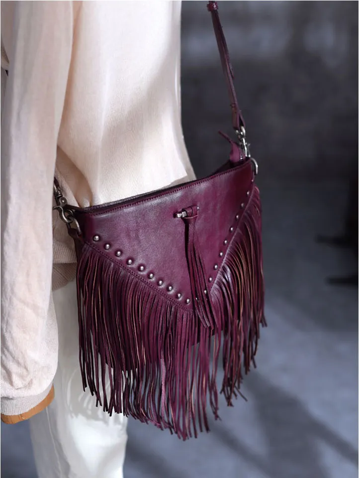 Boho Ladies Black Leather Fringe Purse Cross Shoulder Bag