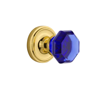 Classic Rosette with Cobalt Waldorf Knob in Unlacquered Brass