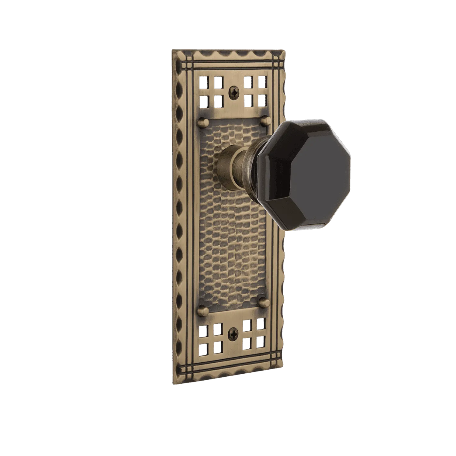 Craftsman Long Plate with Black Waldorf Knob in Antique Brass