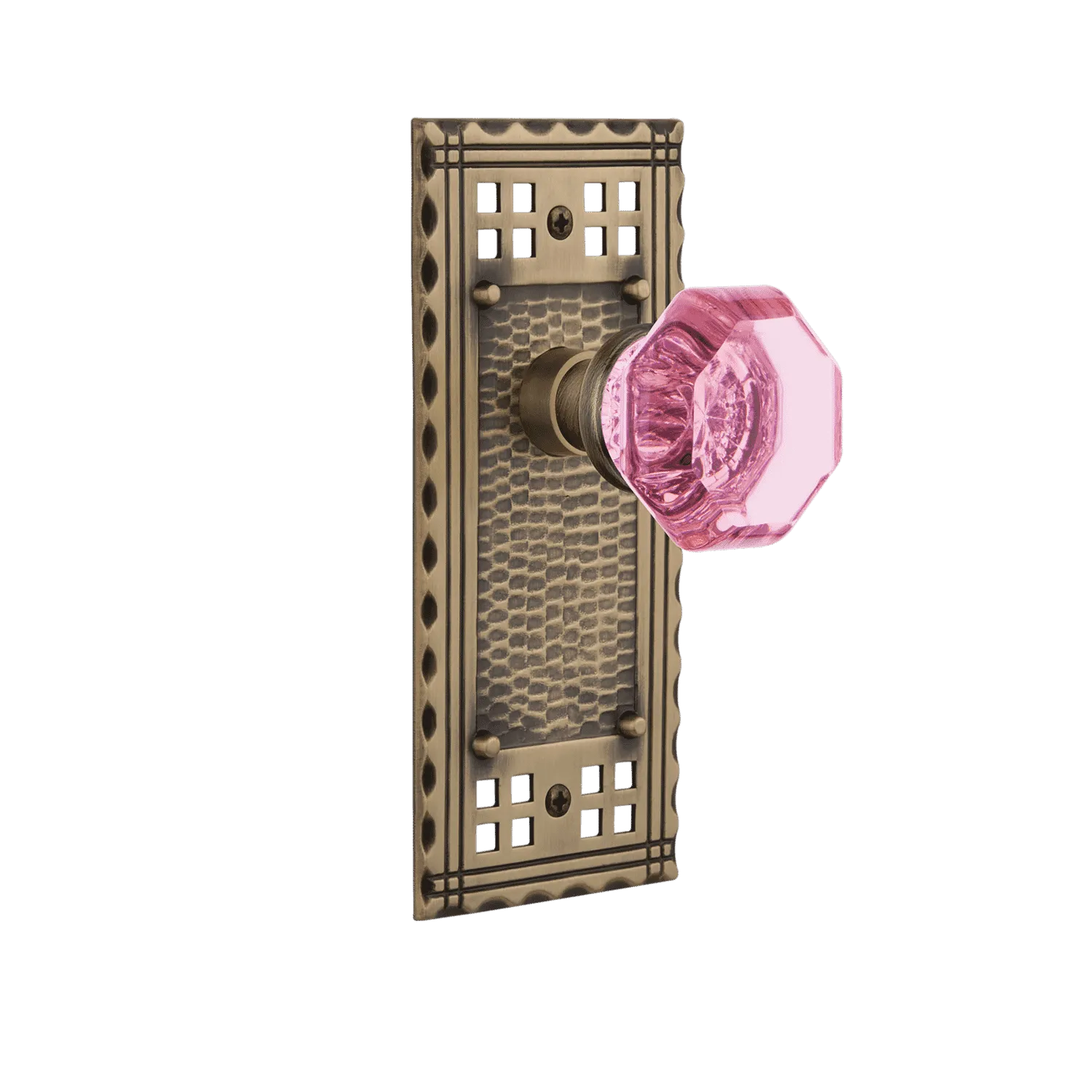 Craftsman Long Plate with Pink Waldorf Knob in Antique Brass