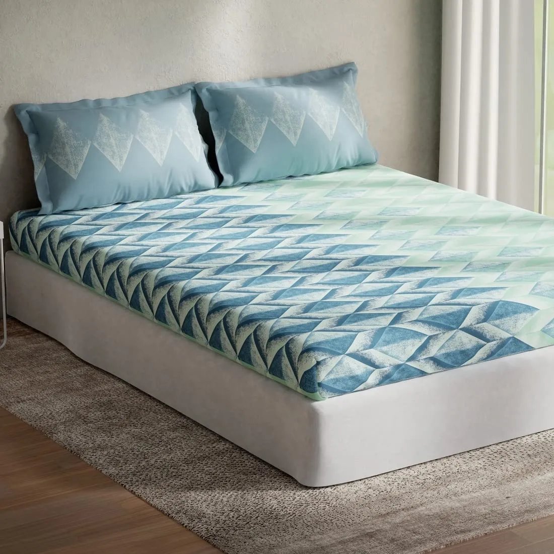 DDECOR - Diamond 100% Cotton Double Bedsheet with 2 Pillow Covers, Blue