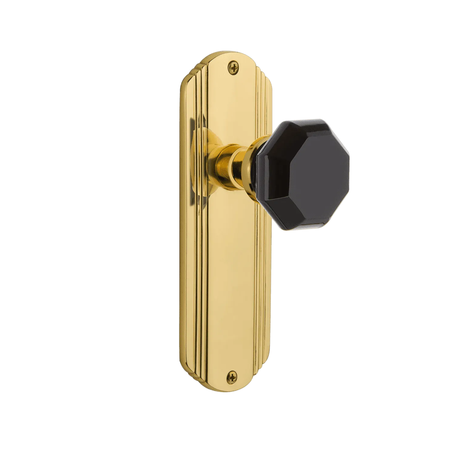 Deco Long Plate with Black Waldorf Knob in Polished Brass