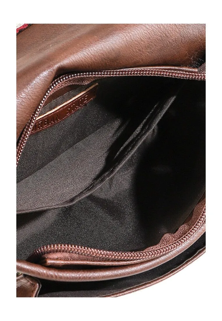 Distressed Leather Flap Trim Crossbody Bag - Dark Brown