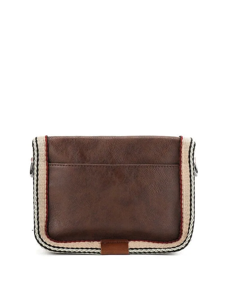 Distressed Leather Flap Trim Crossbody Bag - Dark Brown